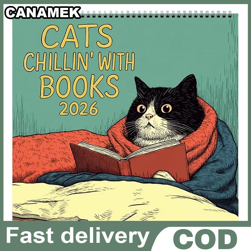 CANAMEK Mèo chillin với sách 2026 Lịch Treo Tường kế hoạch hàng tháng theo chủ đề mèo Minh họa theo chủ đề mèo kế hoạch hàng tháng theo chủ đề mèo