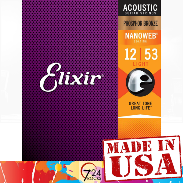 Elixir Strings 16052 Nanoweb Phosphor Bronze Acoustic Guitar Strings Set 12-53 Light Malaysia