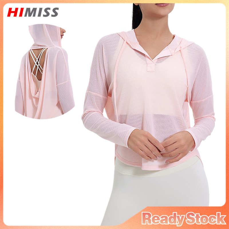 Women's Activewear Long Sleeve Hollow Out Hooded Sweatshirt Breathable Solid Color Yoga Workout Tops ราคา 548 บาท*ส่งฟรี