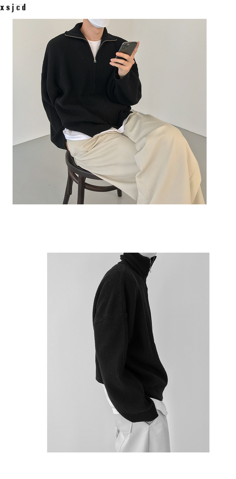 xsjcd Cardigan sweater jacket men's autumn and winter Hong Kong style solid color sweater trendy design casual stand-up540_voghion.com