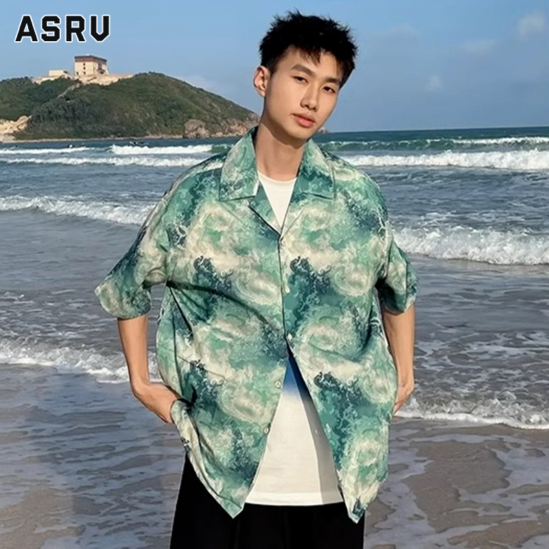 ASRV Men's American casual retro printed short-sleeved shirt Large size thin V-neck casual shirt ราคา 182 บาท*ส่งฟรี