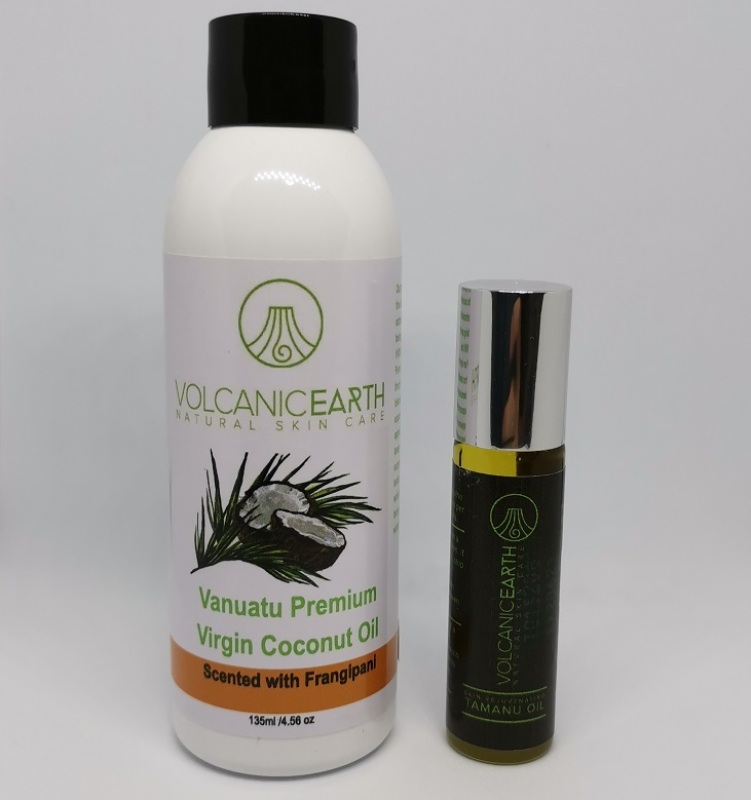 Buy Volcanic Earth Coconut and Tamanu Oil Value Pack (Frangipani Scented Body Essential Coconut Oil 135ml & Tamanu Oil 15ml) Singapore