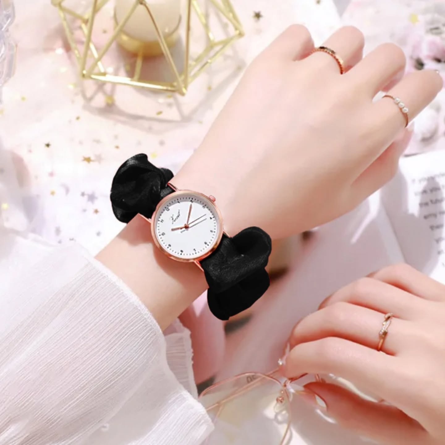 Korean watches Crunchy Watch and Bracelet wtches for girls Ins Girls Alloy Ribbon Streamer Watch Female Accessories ladies watches Scrunchies Watch For Girls & Women | Gift for Girls-Black