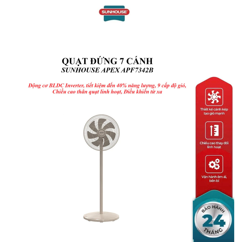 QUẠT ĐỨNG 7 CÁNH SUNHOUSE APEX APF7342B, Động cơ BLDC Inverter,Điều khiển từ xa, 9 cấp độ, Chiều cao thân quạt linh hoạt