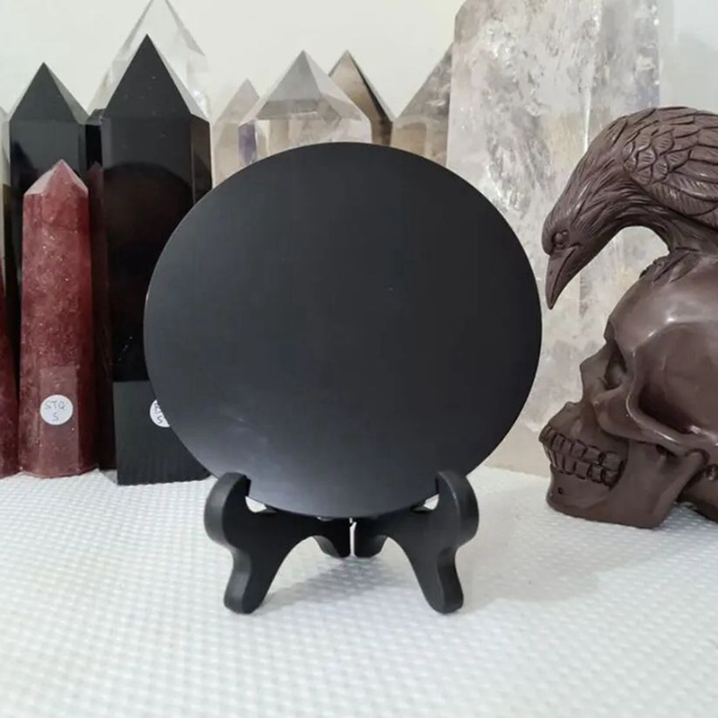 Healing Crystals Obsidian Scrying Mirror High Quality Natural Black Round Plate Mirror Home Decor with Shelf Stone