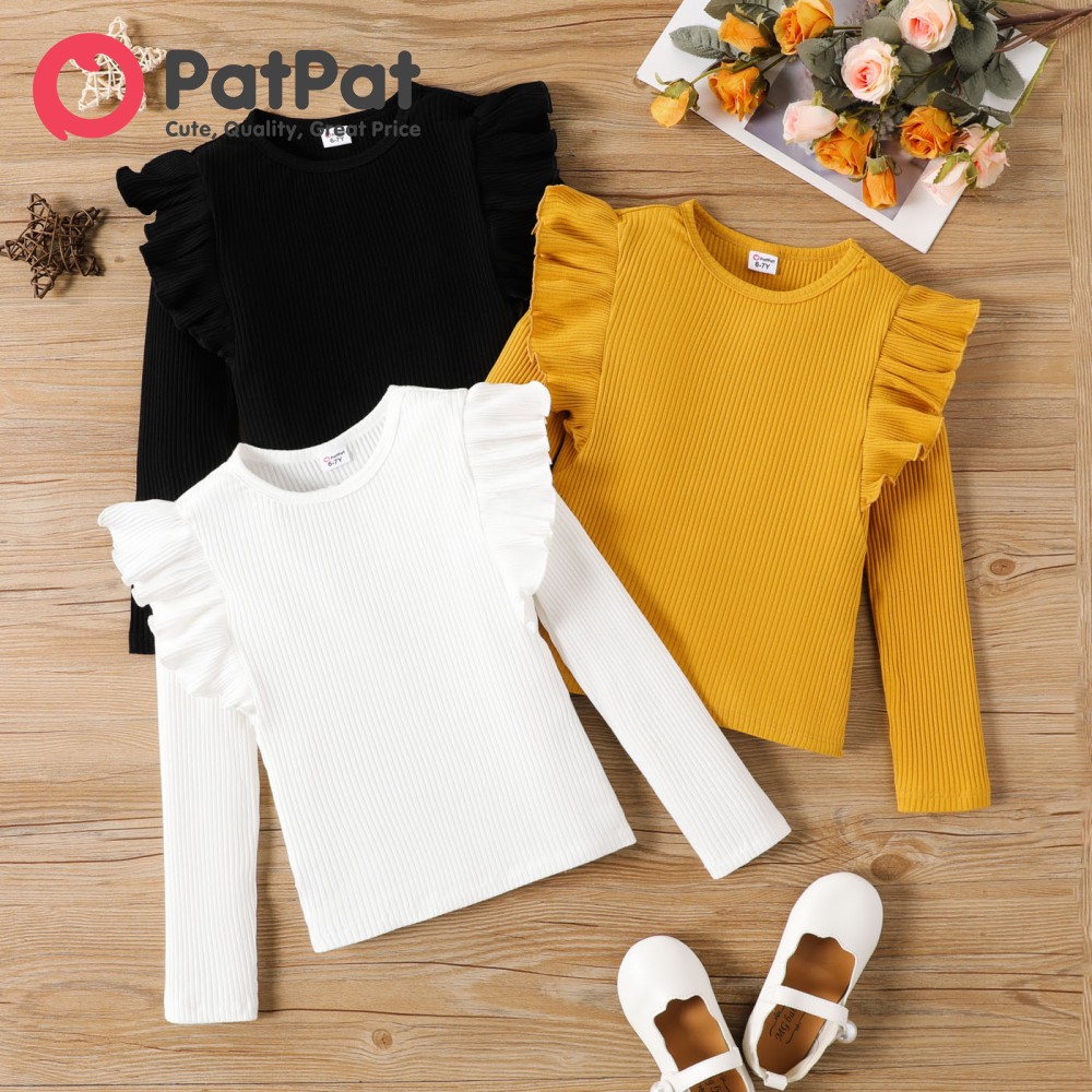 PatPat Kid Girl Solid Ruffle T-Shirt Long Sleeve Set