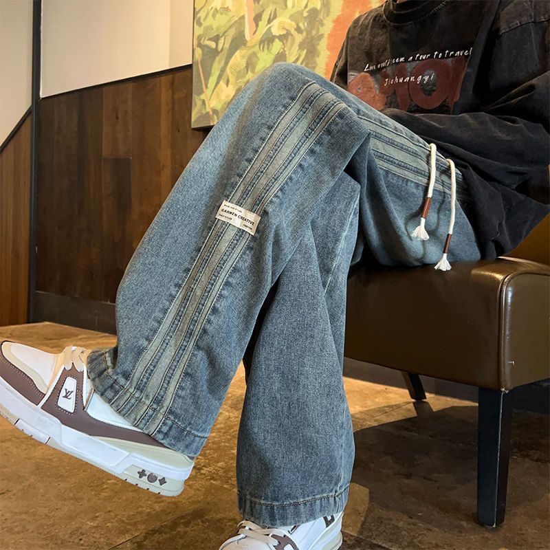 POND กางเกงยีนส์ชาย กางเกงยีนส์ลายทางสไตล์อเมริกัน Street Washed Triple Bar ผู้ชายและผู้หญิงฤดูใบไม้ร่วงและฤดูหนาวขนแกะบุหลวมยุโรปและอเมริกัน High Street Vibe Style กางเกงขายาว ราคา 269 บาท*ส่งฟรี