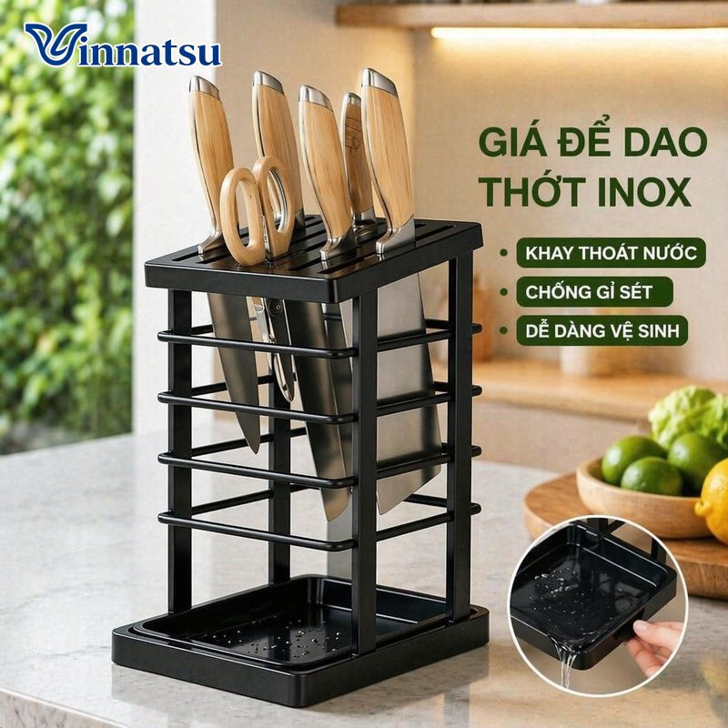 Vinnatsu Kệ để dao thớt inox rack bếp khay thoát nước ống đũa chống gỉ để bàn ngăn đựng muỗng nĩa dễ lau chùi