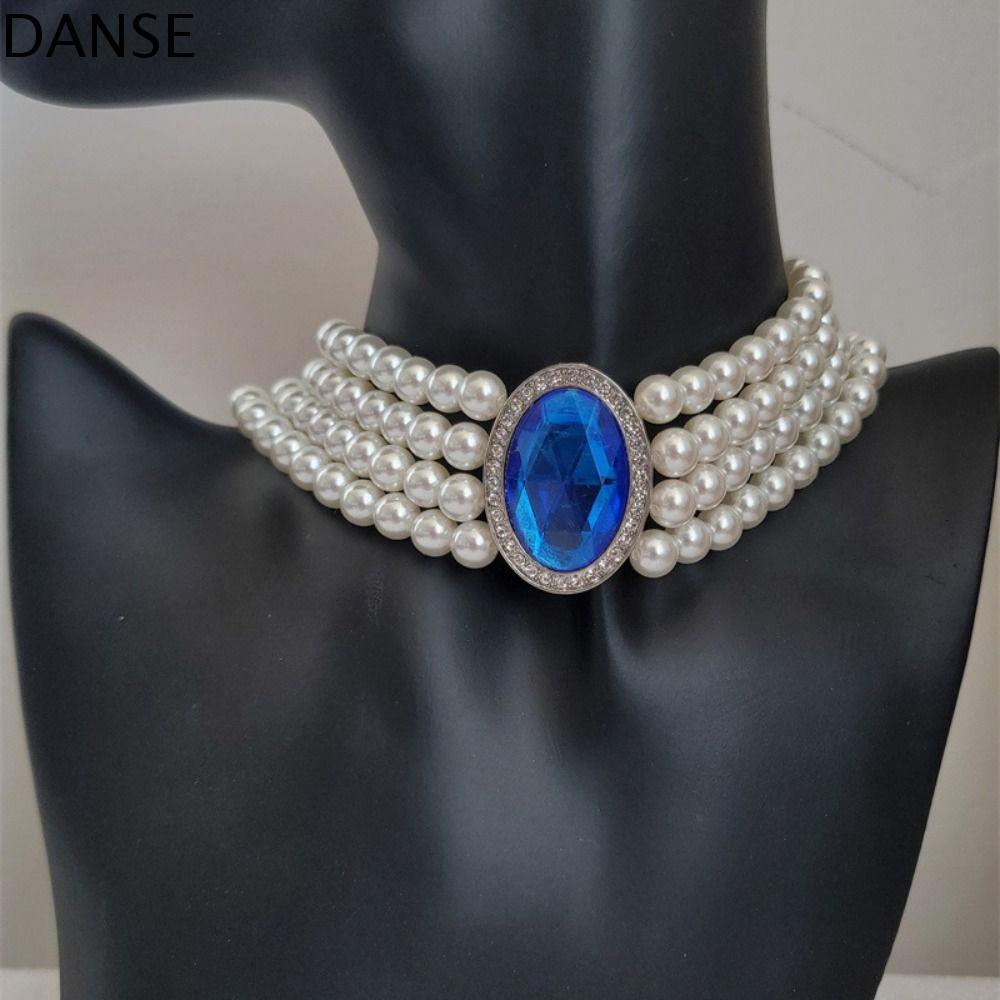 DANSE Kim cương giả Vòng cổ bốn lớp Dây đeo cổ Phong cách Hàn Quốc Vòng cổ ngọc trai Khí chất Vòng cổ Dây chuyền xương đòn đá quý màu xanh dương Phụ nữ