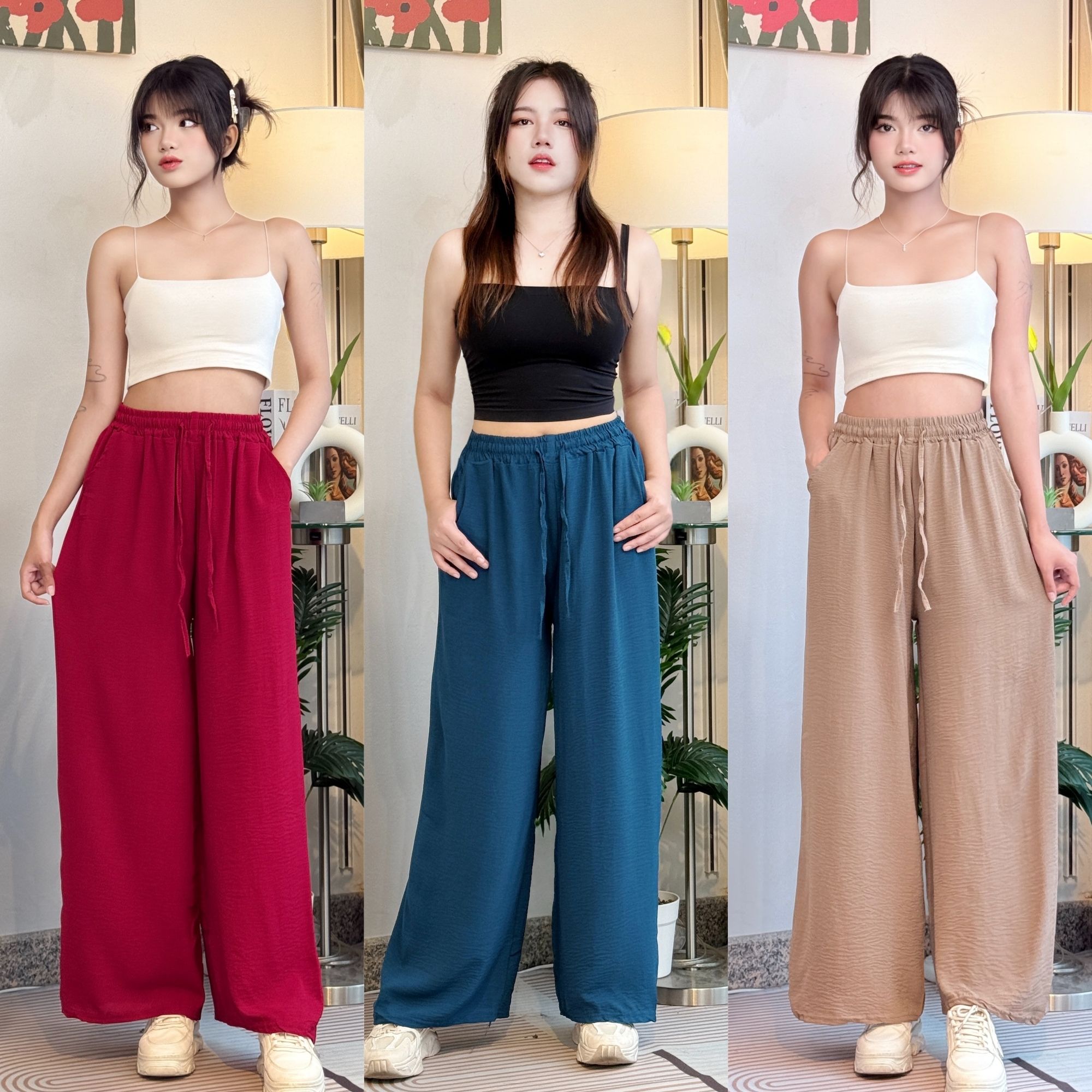รูปสินค้า 🌼 Korean Style Women's Pants Soft, Comfortable Fabric, Free Size, Elastic Smocked Waist + Drawstring, with Two Side Pock