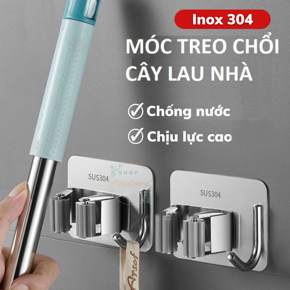 Móc Treo Cây Lau Nhà Kẹp Giữ Chổi Dán Tường Inox 304 Chống Gỉ - Kèm Keo Dán Chịu Lực