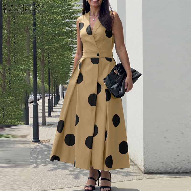 Fancystyle ZANZEA Women Office Sleeveless A-Line Pleated Shirtdress Polka Dot Turn-Down-Collar Dresses #0407