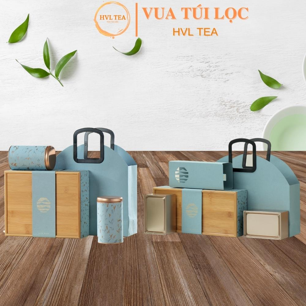 Hộp trà chữ nhật nắp tre kèm túi xách - hvl tea