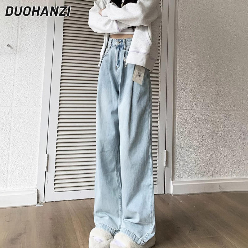 Duohanzi Quần jeans ống rộng màu sáng quần dài sàn xếp li cạp ống đứng dáng rộng quần dài xếp li