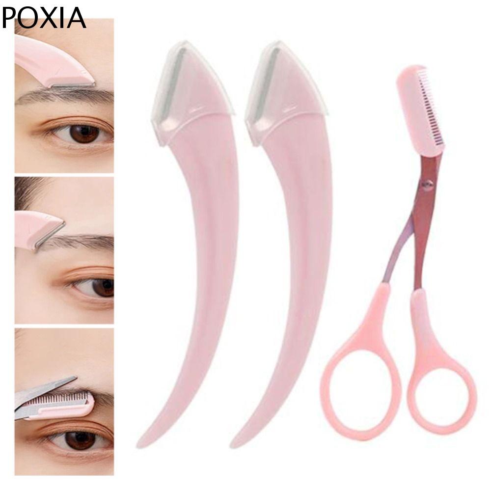 POXIA 3 cái/bộ Trắng hồng Dao cạo Phụ kiện mỹ phẩm Dụng cụ bôi Lông mi giả Nữ Lược tỉa lông mày Dụng cụ trang điểm Kéo tỉa lông mày kèm lược Tỉa lông mày Bộ tỉa lông mày