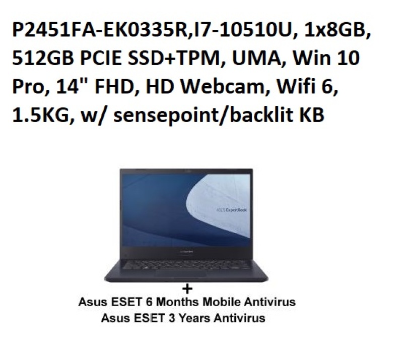ASUS P2451FA-EK0335R,I7-10510U, 1x8GB, 512GB PCIE SSD+TPM, UMA, Win 10 Pro, 14 FHD, HD Webcam, Wifi 6, 1.5KG, w/ sensepoint/backlit KB