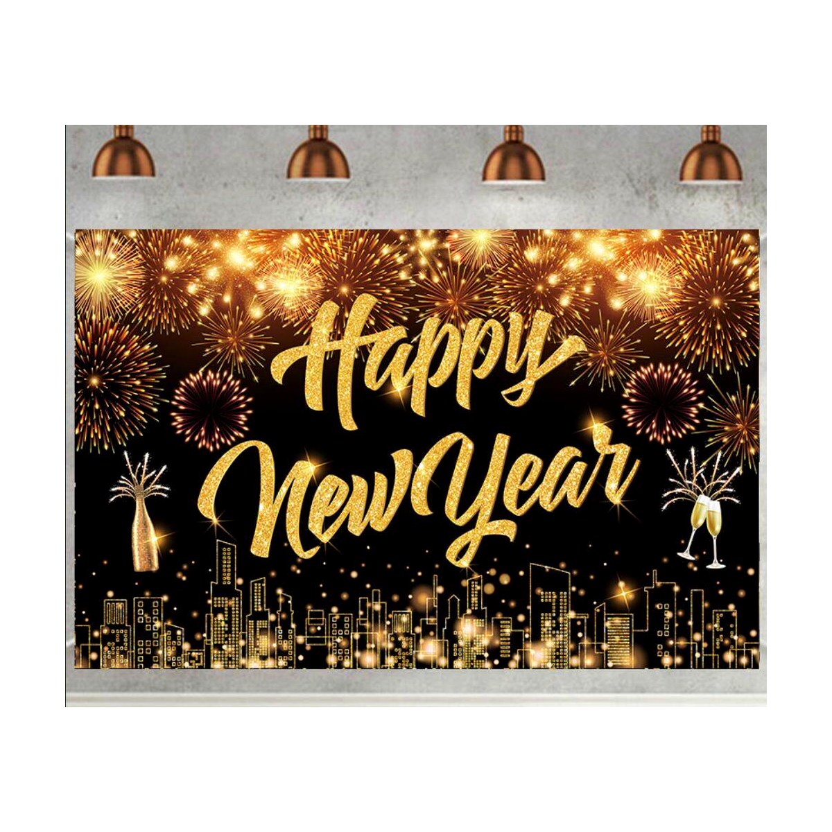 【Luminous Goods】 5x3ft Happy New Year Photography Background Cheers Black Gold New Year Backdrop New Year Celebration Atmosphere Decoration Banner