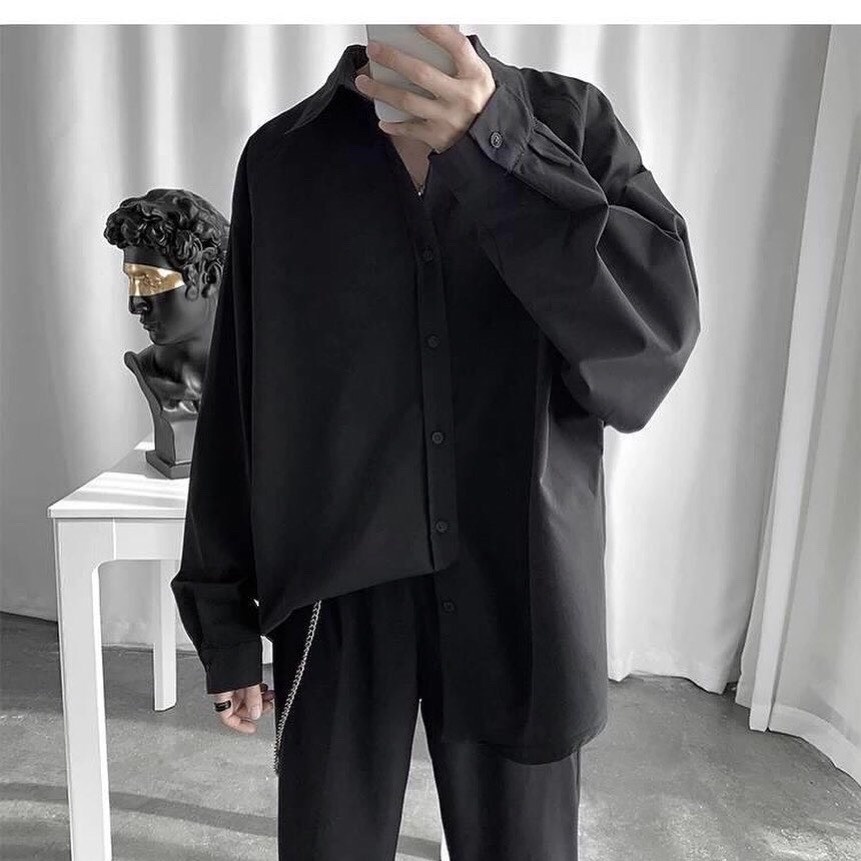 Áo sơ mi trơn tay dài màu đen/trắng ️nam nữ unisex chất lụa mềm mịn form rộng ️