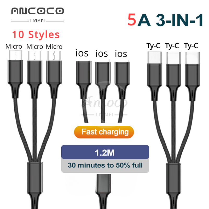 10 phong cách 3 trong 1 cáp sạc usb ios android type-c usb 5a cáp thiết bị sạc nhanh sạc máy tính bảng di động cáp 3 type-c dây cáp