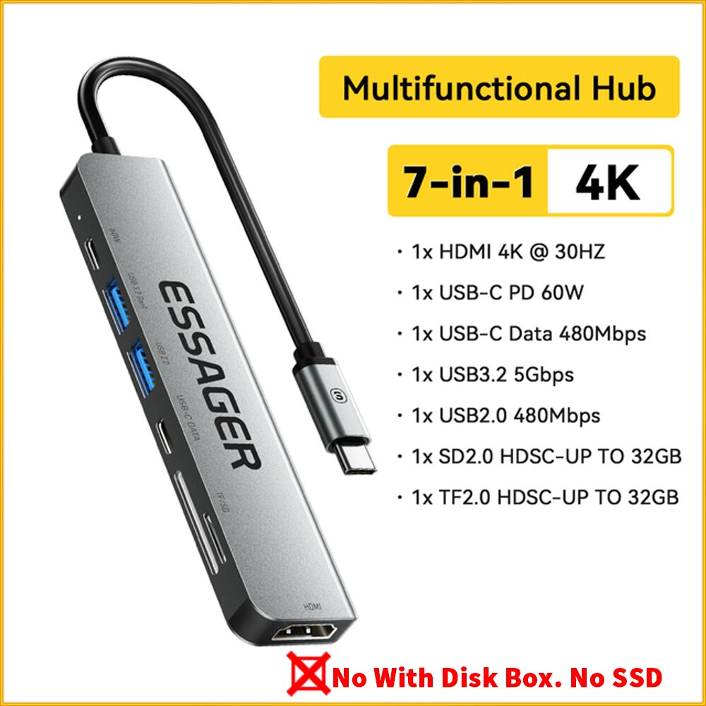 Essager Bộ chia USB Type-C Với Đĩa Chức Năng Lưu Trữ 8 Trong 1 USB C Để ổ SSD SATA HDD Máy Tính Xách
