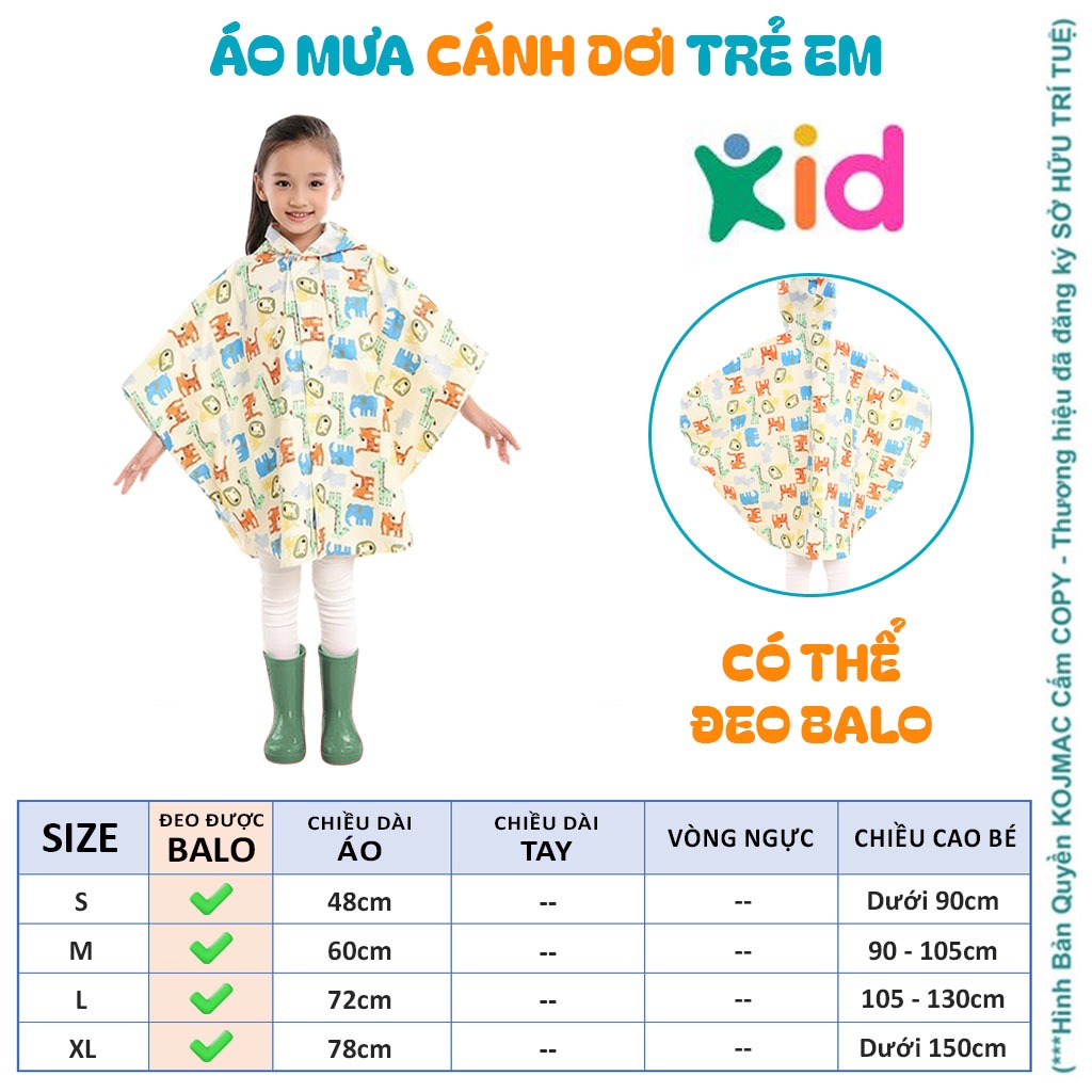 Áo Mưa Cánh Dơi Trẻ Em Đeo Được BALO Có Mũ Dây Rút Đi Học Tiện Lợi Họa Tiết Thú Dễ Thương