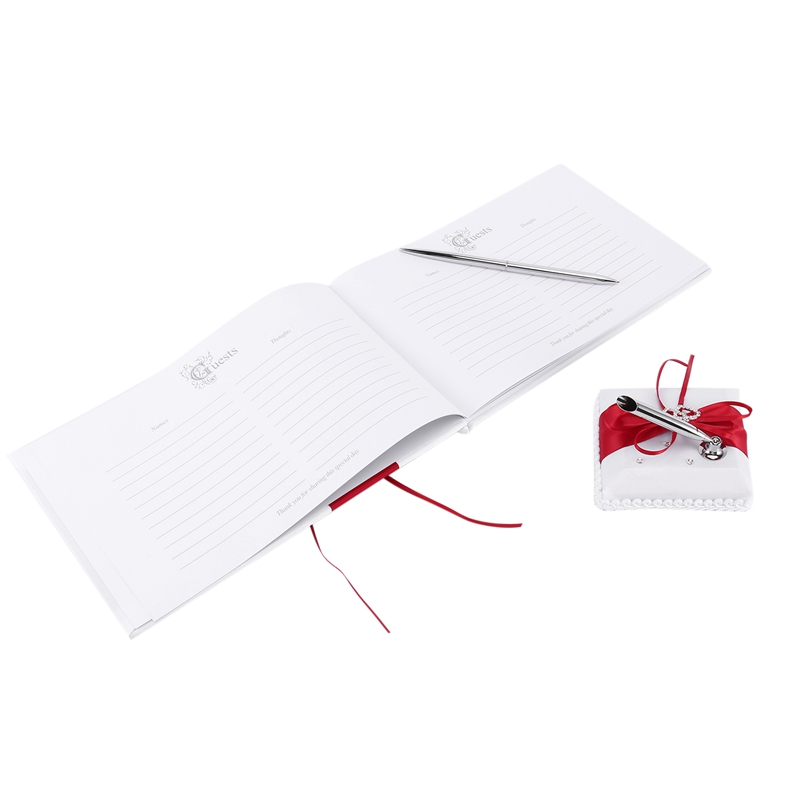 M4【Latest model】 Wedding Guest Book With Pen Holder Sets Satin Bows Signature Book With Diamonds Love Shape For Party Decorations ราคา 576 บาท*ส่งฟรี