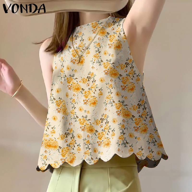 VONDA Women's Summer Retro Rose Floral Print Sleeveless Tanks Tops Vacation Round Neck A-Line Vests (Korean Floral) ราคา 142 บาท*ส่งฟรี
