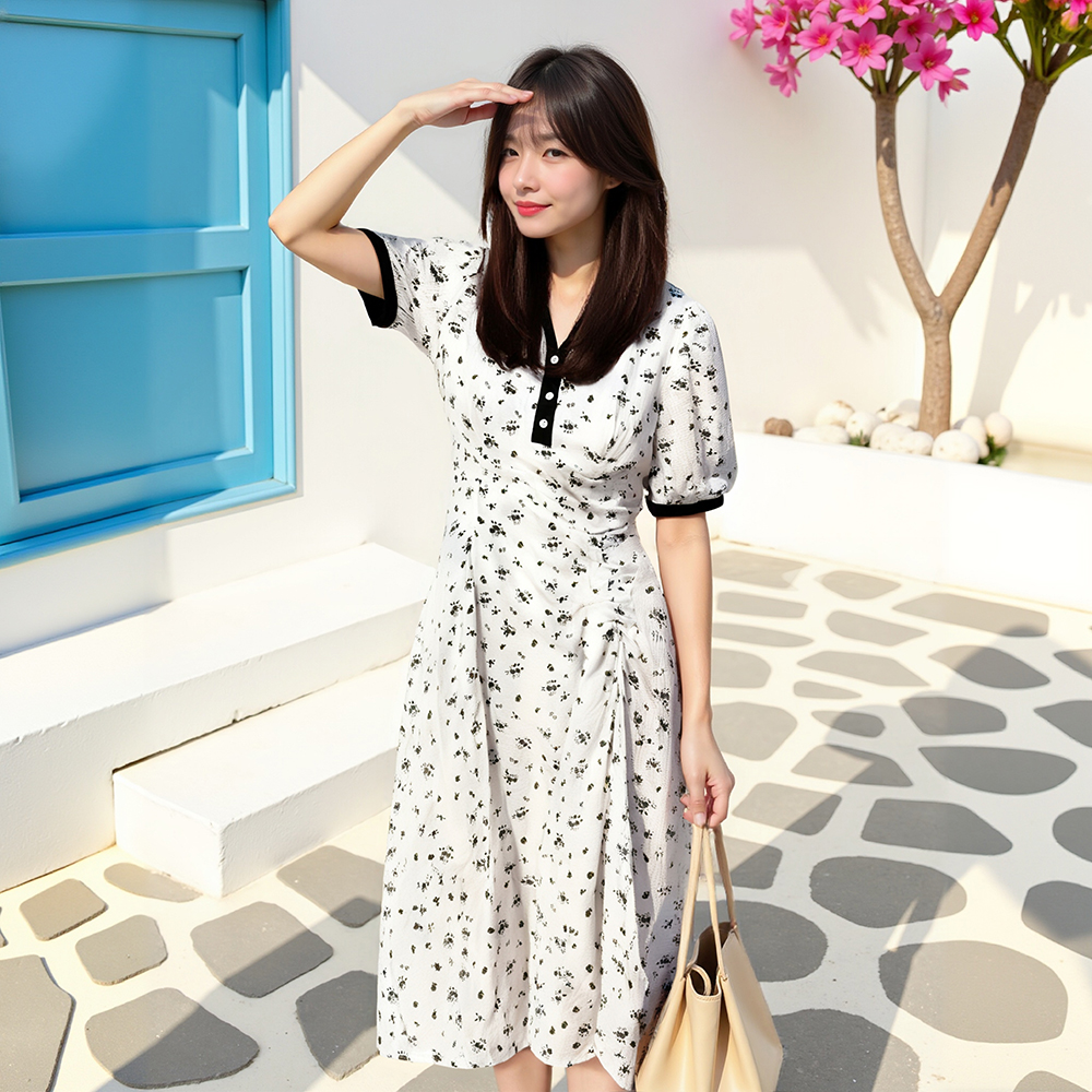 BRANCHÉ ชุดเดรสสำหรับผู้หญิงฤดูร้อนเกาหลีหรูหราดอกไม้พัฟแขนคอวี A-Line Midi ออกเดทเดรส B250306 ราคา 260 บาท*ส่งฟรี