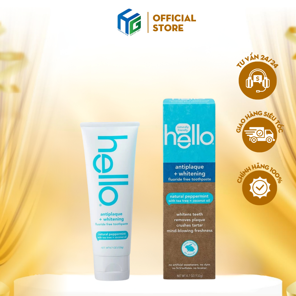 KEM ĐÁNH RĂNG HELLO ANTIPLAQUE + WHITENING NATURAL PEPPERMINT 141G - Chính Hãng US