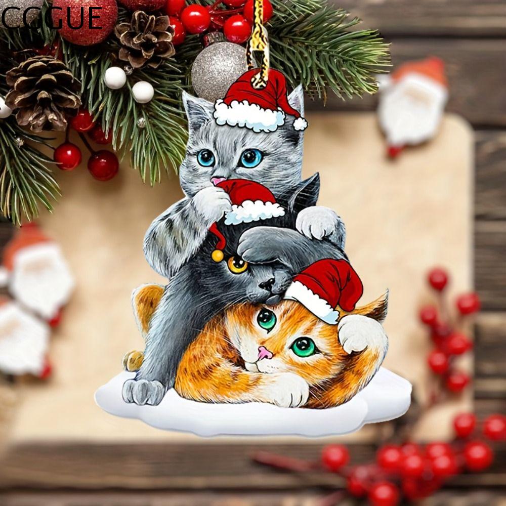 CGGUE Phẳng Đồ treo trang trí hình mèo bằng nhựa Acrylic 2D Treo dây chuyền mèo Mũ Ông Già Noel Hài Hước Trang trí Trang trí Giáng sinh Nhà