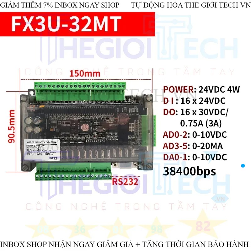 Bo lập trình logic điều khiển công nghiệp PLC FX3U 6AD 2DA 14MR 14MT 24MT 24MR 30MR 32MT 48MR 48MT RS232 RS485 38400bps - FX3U-32MT