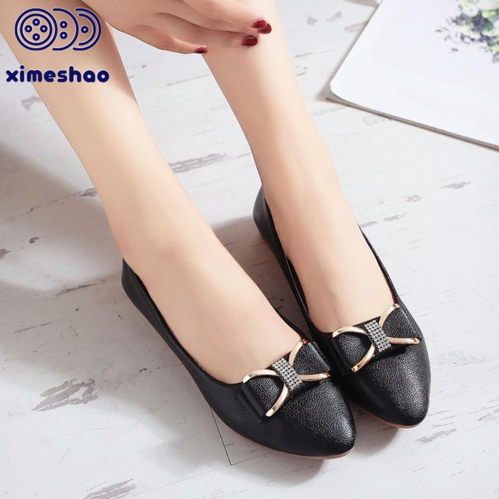 XIMESHAO Nơ Giày bệt nữ Mũi nhọn Kim cương giả Giày thuyền Thoáng khí Thanh lịch Giày đế bằng ba lê đơn giản Xuân Thu