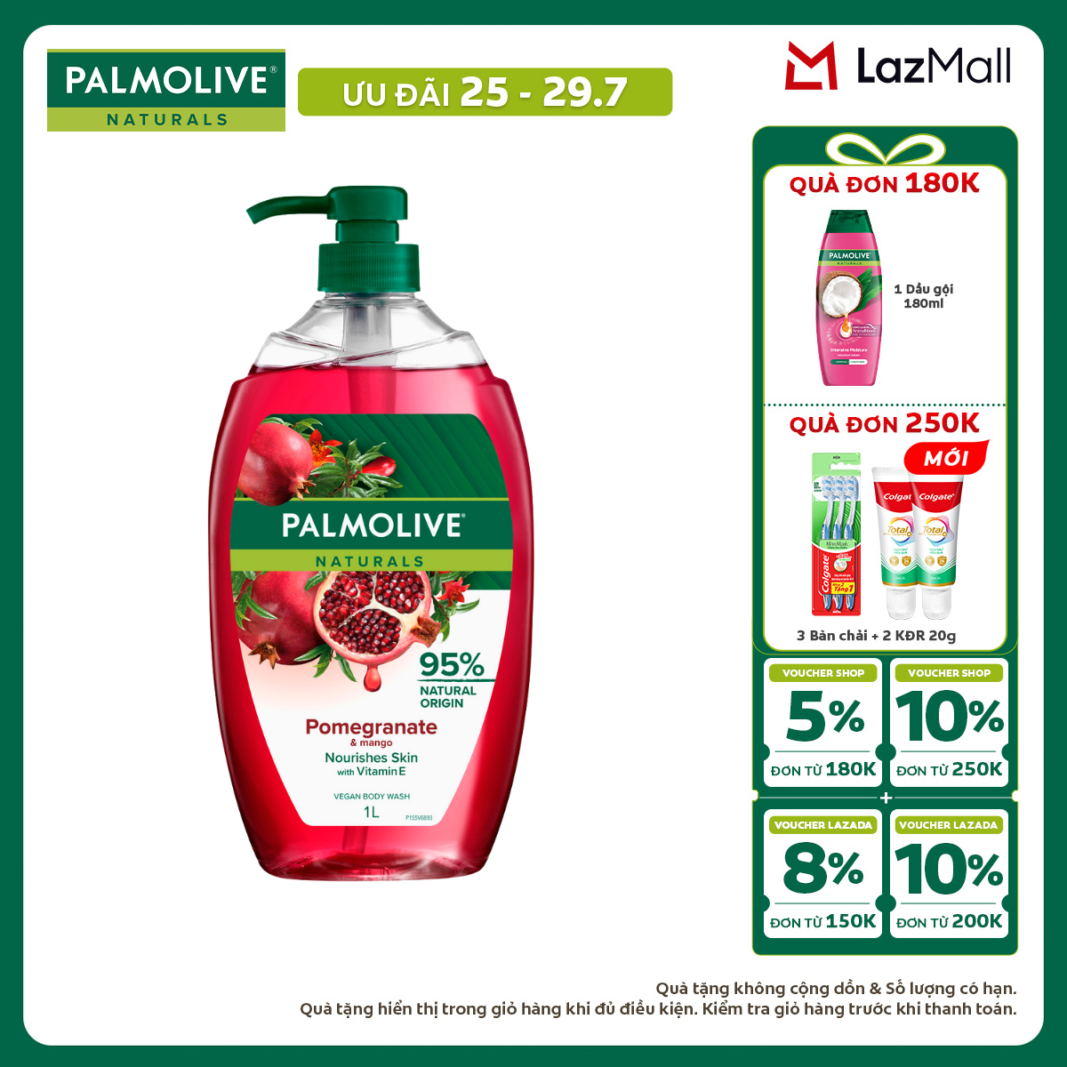 [Chỉ 25-29.7_X2 Voucher giảm đến 18%] Sữa tắm Palmolive dạng gel chiết xuất Lựu  Xoài và Muối biển cho da mềm mịn, thơm sảng khoái 1L