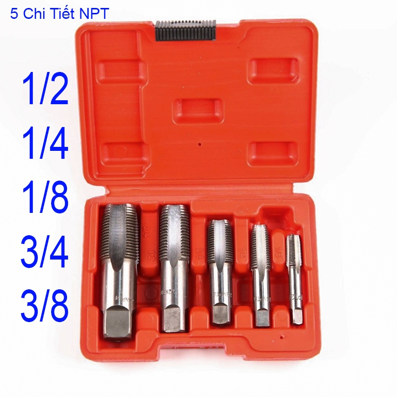 Bộ dụng cụ taro ren NPT 5 chi tiết dùng để sửa ᴄhữa ren ống, Hàng hộp nhựa đẹp chuẩn xác trong gia công cơ khí