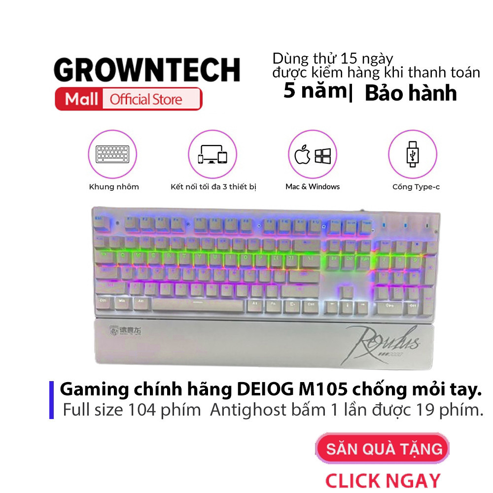 Bàn phím cơ led có dây gaming chính hãng DEIOG M105 kèm giá kê tay led 8 hiệu ứng không ồn