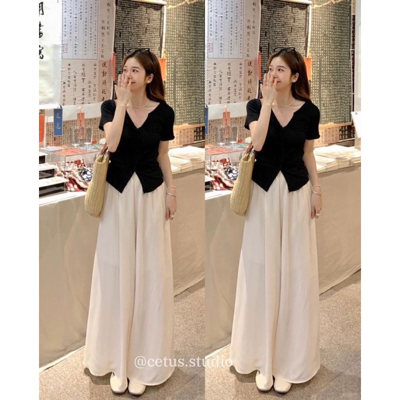 SET áo thun zip xẻ hot hit mix quần suông lụa sần rộng xoè BASIC cực trend