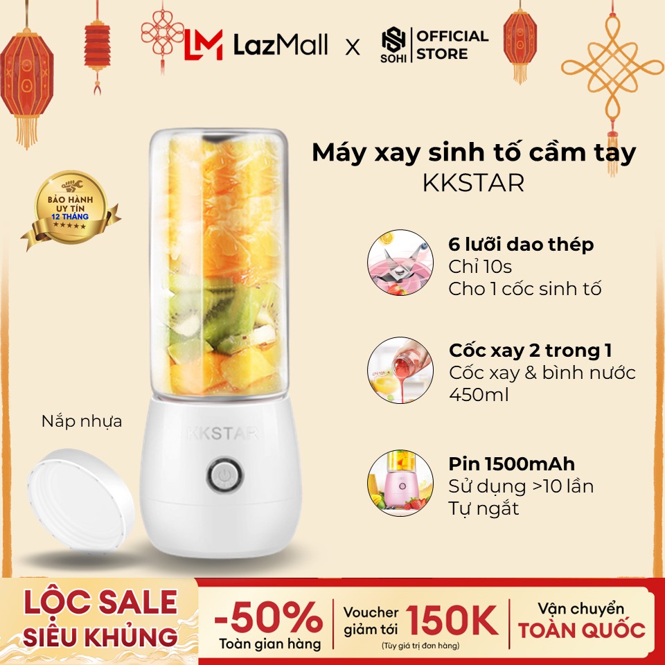 Máy xay sinh tố cầm tay, không dây cốc thủy tinh 450 ml an toàn vệ sinh sức khỏe, 4 lưỡi cắt cực mạnh cao cấp