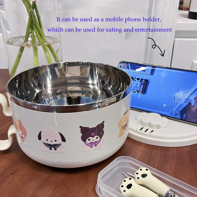 Kawaii Sanrio Hello Kitty Bento Box Cinnamoroll My Melody Studnet Large  Capacity Drainable Stainless Steel Instant Noodle Bowl