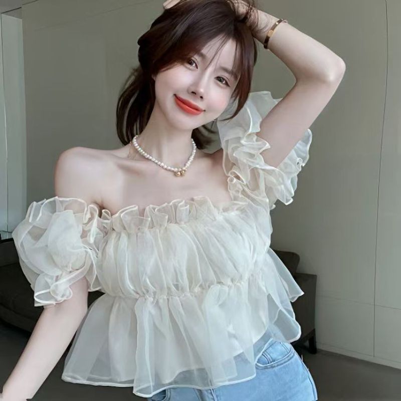 NIkyLundun   Áo Trễ Vai Bèo Nhún Màu Trơn Áo Voan Tay Bồng Tôn Dáng Gầy Hở Vai Bồng Bềnh Mẫu Mới Mùa