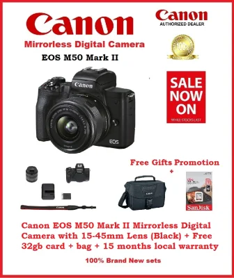 Canon EOS M50 Mark II Mirrorless Digital Camera with 15-45mm Lens (Black) + Free 32gb card + bag + Additional Free Gift +15 months local warranty