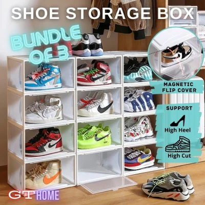 [Bundle of 3] Shoes Box / Shoes Storage Case / Shoe Storage Organizer / AJ Shoe Storage Box / Magnetic Flip Cover Easy Access Big Size