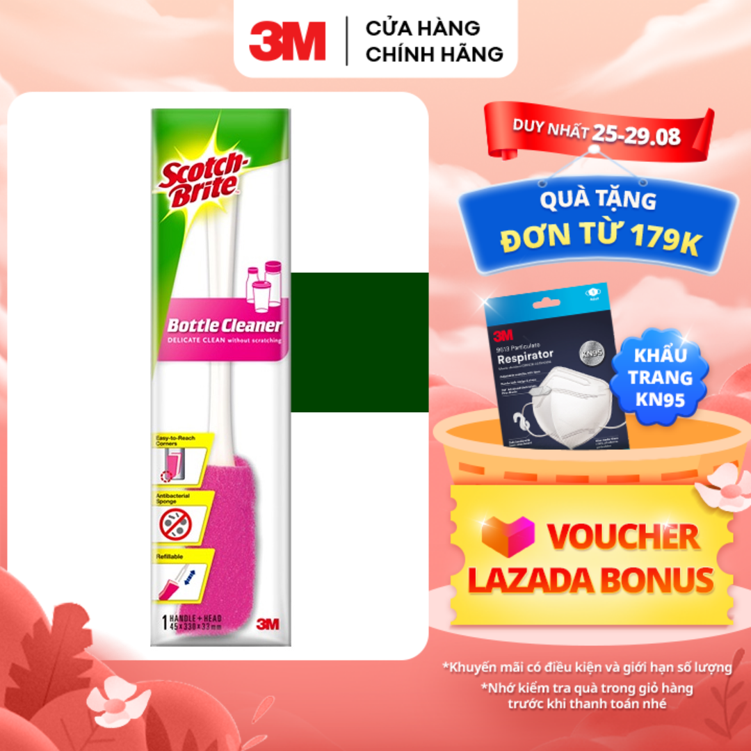 Cây cọ rửa bình, chai lọ 3M™ Scotch-Brite®, lớp mút cao cấp lấy sạch vết bẩn, 1 cây, 5x36x3cm, Dùng cọ rửa bình, chai lọ