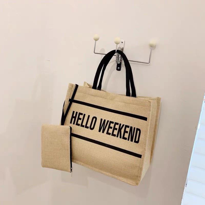 Túi Cói Kèm Ví Hello Weekend-Túi cói đi biển du lịch phong cách Hàn Quốc