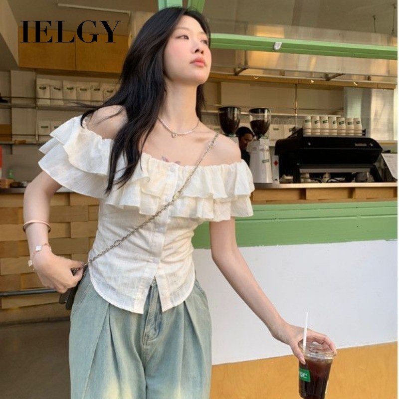 IELGY Women's Apricot French Ruffle Neck Short Sleeve Shirt