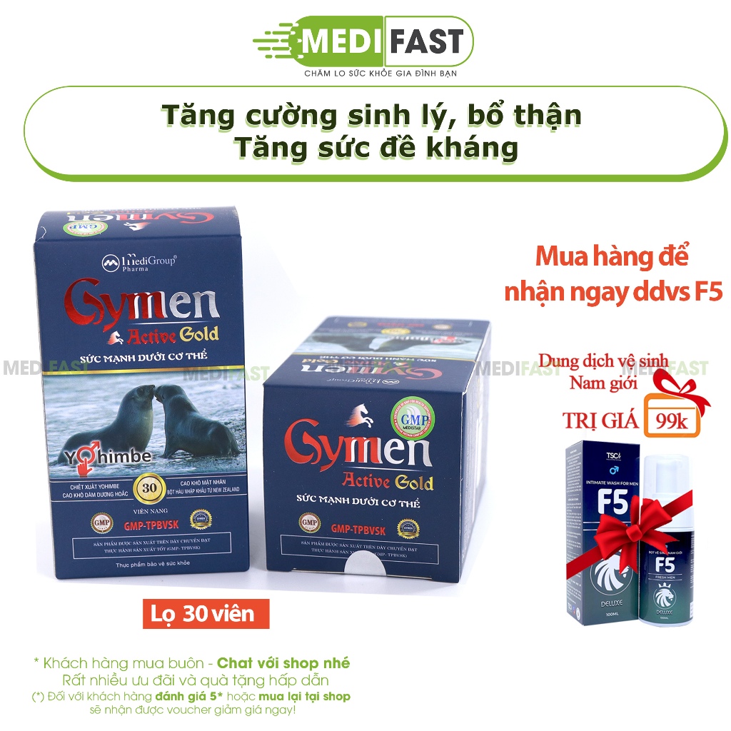 Tăng cường sinh lý nam Gymen Active Gold Hộp 30 viên bổ thận tráng dương giảm yếu sinh lý, tiểu đêm