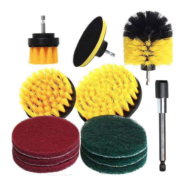 Bộ Bàn Chải 12 món Gắn Máy Khoan Cọ Rửa Cầm Tay Đa Năng Bàn Chải Vệ Sinh Nhà Tắm Sofa Chà Sàn Đánh Giày Đánh bóng Rửa Xe