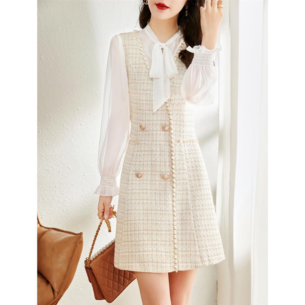 Chất Lượng Cao Đầm trắng Cho Phụ Nữ 2023 Mới phong cách Hàn Quốc mùa xuân Phụ Nữ váy dài trung bình Nhỏ Hương Thơm Thanh Lịch Thời Trang Tất Cả Các Trận Đấu Cao cấp Ăn Mặc Nữ