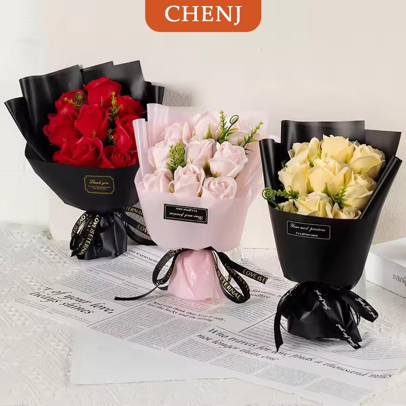 [Cod] Chenj Rose Bouquet 9 Heads Artificial Flowers for Christmas Wedding Birthday Party Valentine's Day Handmade Gifts Home Decoration ราคา 59 บาท*ส่งฟรี