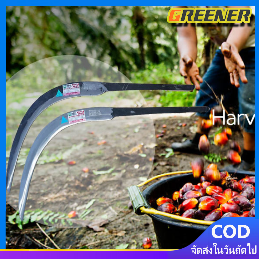 Greener (ขายดี)เคียวตัดปาล์ม 2in1เคียวเหล็กแมงกานิส ใช้เหล็กเยอรมันแท้ ผลิตจากประเทศมาเลเซีย เหล็กแข็ง58องศา ราคา 300 บาท*ส่งฟรี