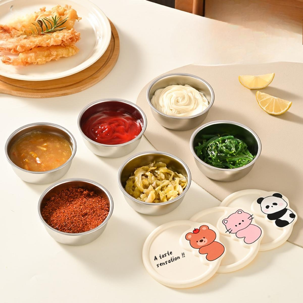 Gia vị inox hộp đựng có nắp xách tay Ketchup salad Dip Món Ăn Dã Ngoại nhà Hộp đựng đồ làm nước sốt với họa tiết hoạt hình bìa
